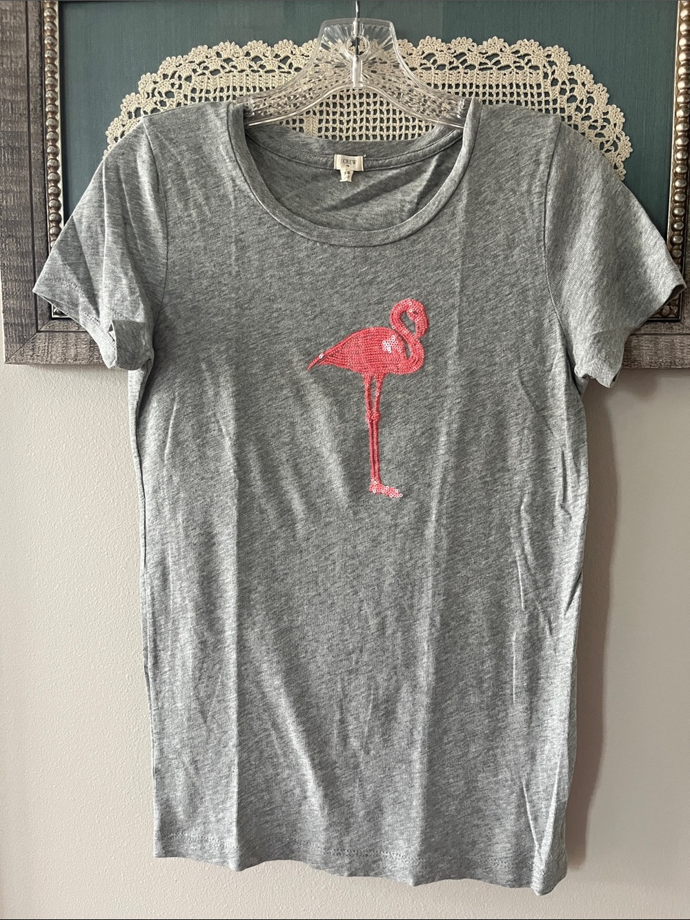 J. Crew Grey Tee with Pink Sequin Flamingo Graphic